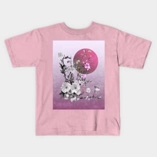 sumiE flowers and a big pink moon Kids T-Shirt